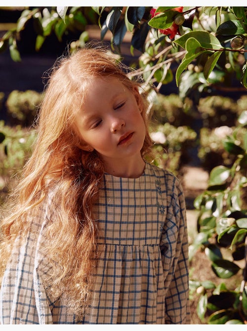 Vestido de algodón a cuadros con mangas abullonadas - Kiabi