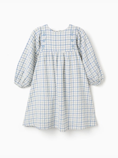 Vestido de algodón a cuadros con mangas abullonadas - Kiabi