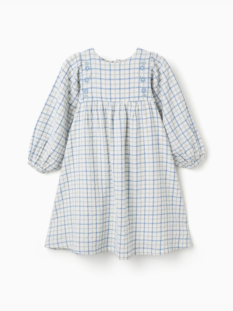 Vestido de algodón a cuadros con mangas abullonadas Verde claro - Kiabi
