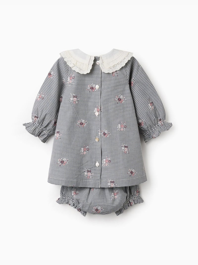 Vestido de algodón a cuadros Vichy con estampado floral Azul oscuro - Kiabi