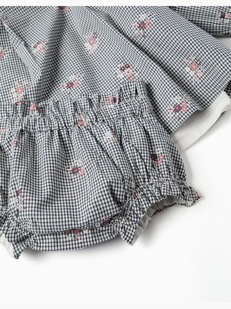 Vestido de algodón a cuadros Vichy con estampado floral Azul oscuro - Kiabi