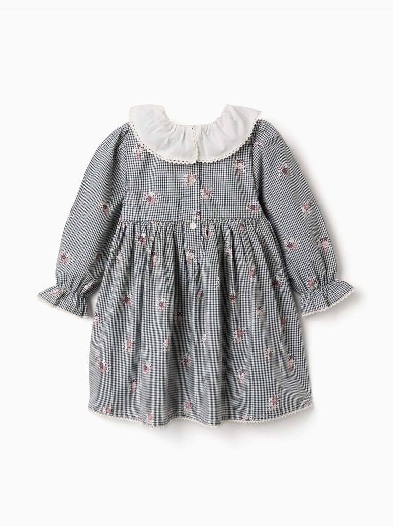 Vestido de algodón a cuadros Vichy con estampado floral Azul oscuro - Kiabi