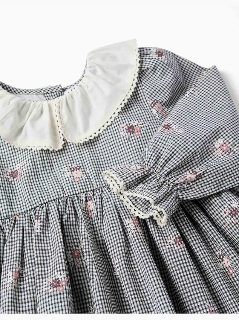 Vestido de algodón a cuadros vichy con estampado floral Azul oscuro - Kiabi