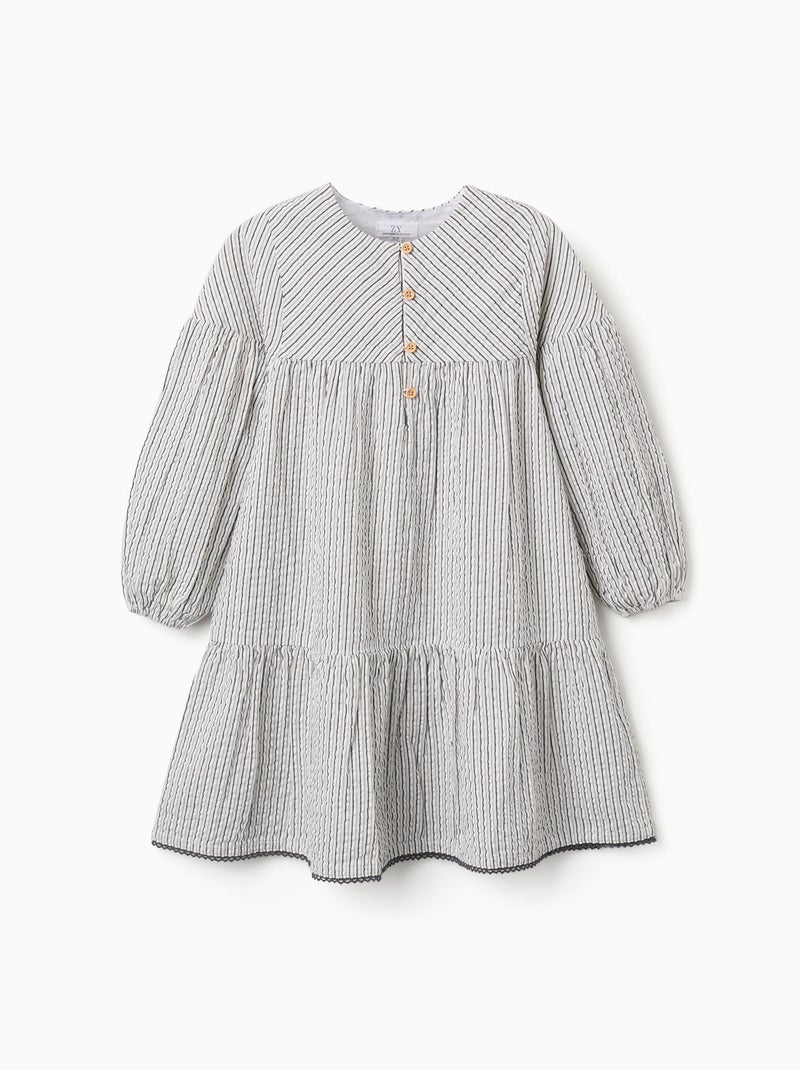 Vestido de algodón a rayas con mangas abullonadas B&S Blanco - Kiabi