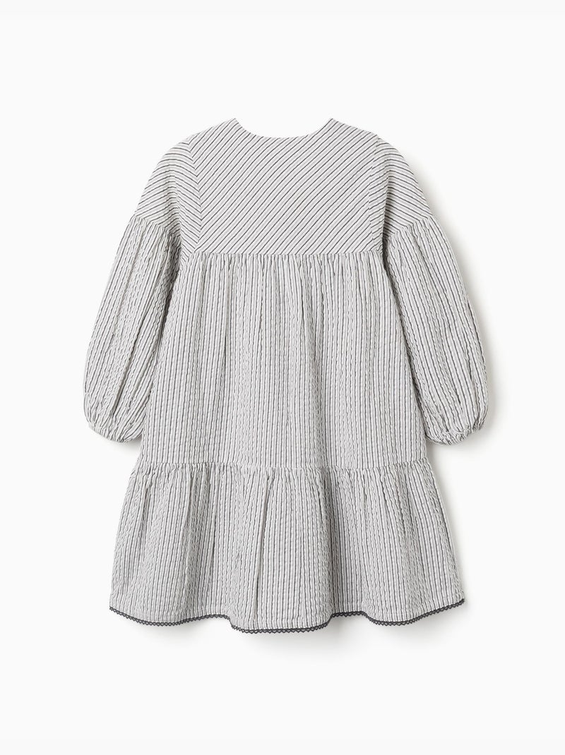 Vestido de algodón a rayas con mangas abullonadas B&S Blanco - Kiabi