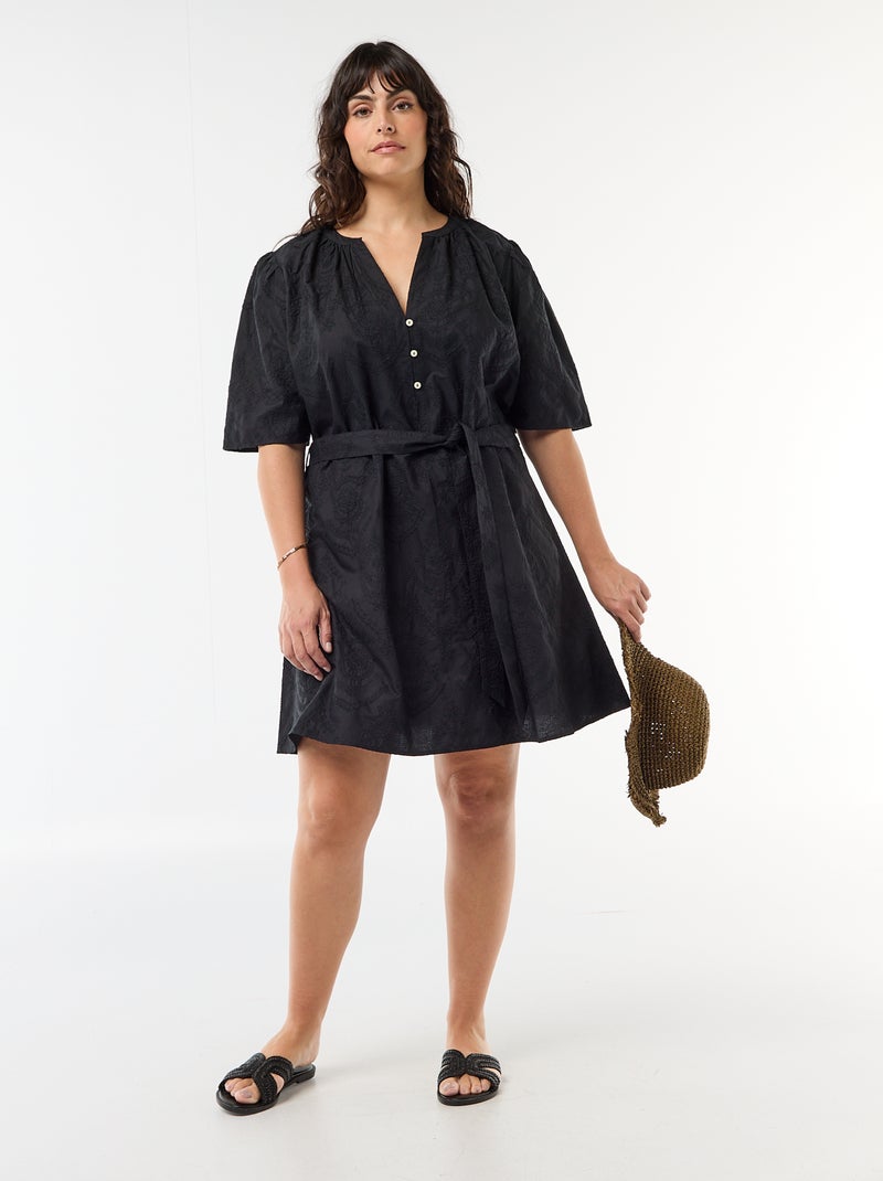 Vestido de algodón con bordado inglés Negro - Kiabi