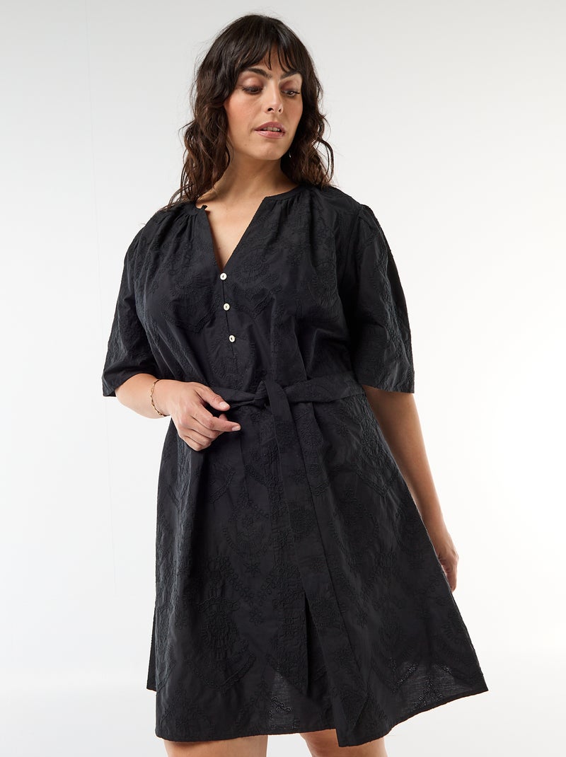 Vestido de algodón con bordado inglés Negro - Kiabi