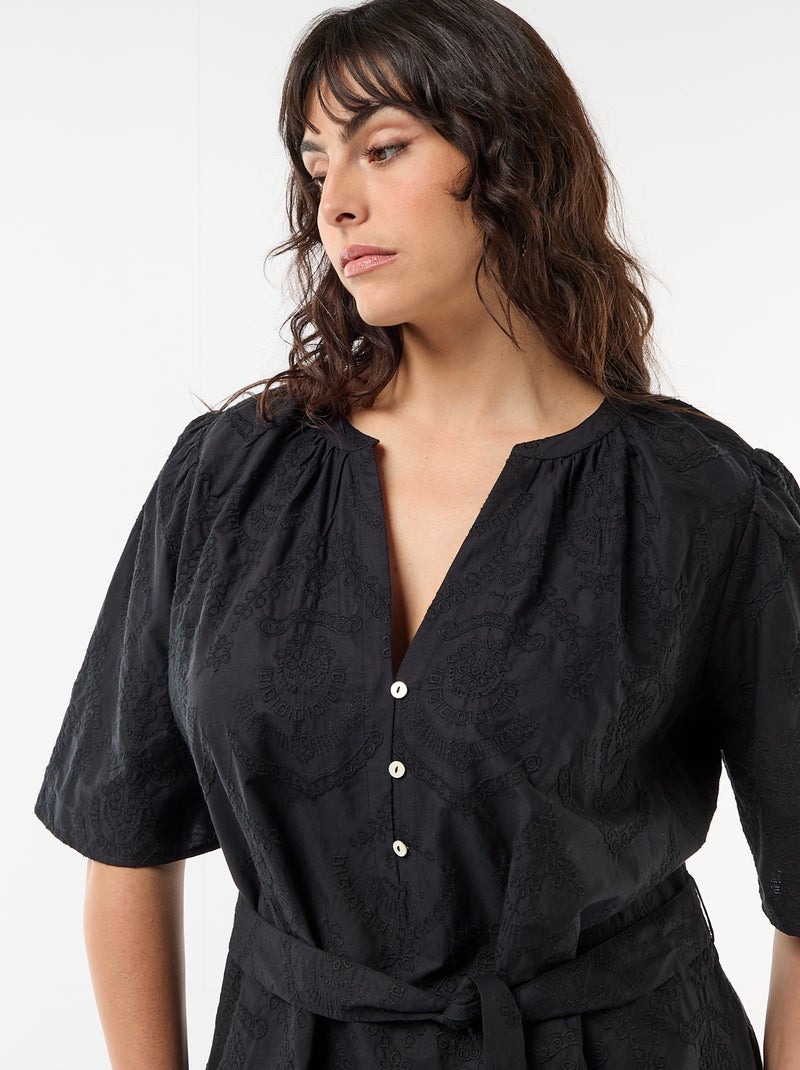 Vestido de algodón con bordado inglés Negro - Kiabi