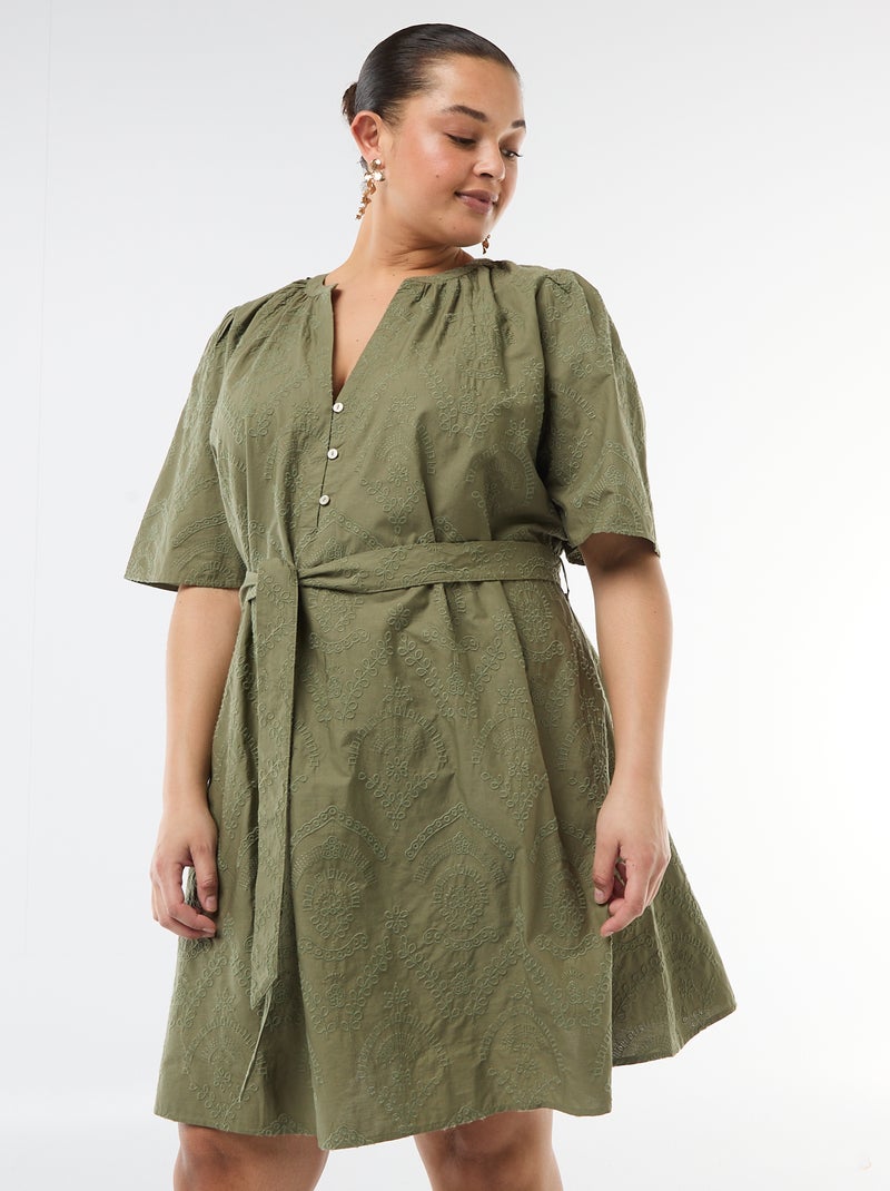 Vestido de algodón con bordado inglés Verde - Kiabi