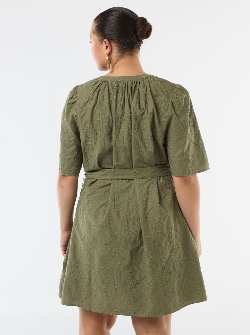 Vestido de algodón con bordado inglés Verde - Kiabi