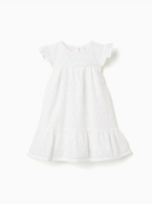 Vestido de algodón con bordado inglés y volantes - Kiabi