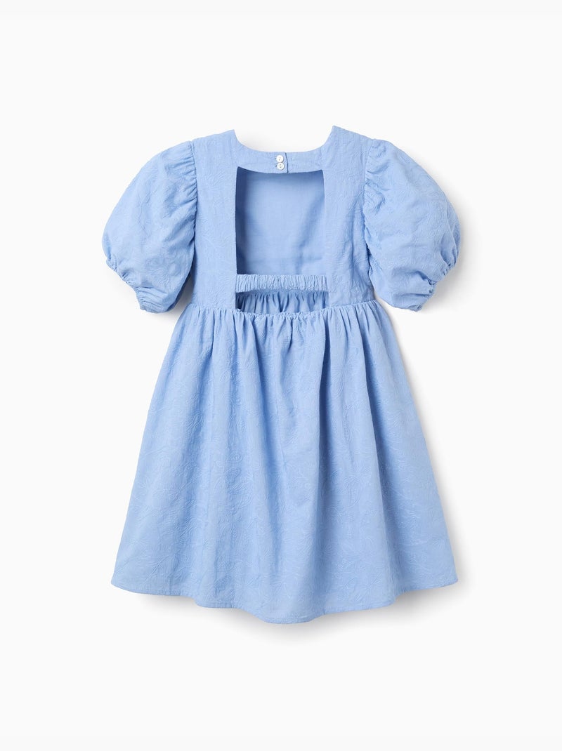 Vestido de algodón con bordado y mangas abullonadas Azul claro - Kiabi