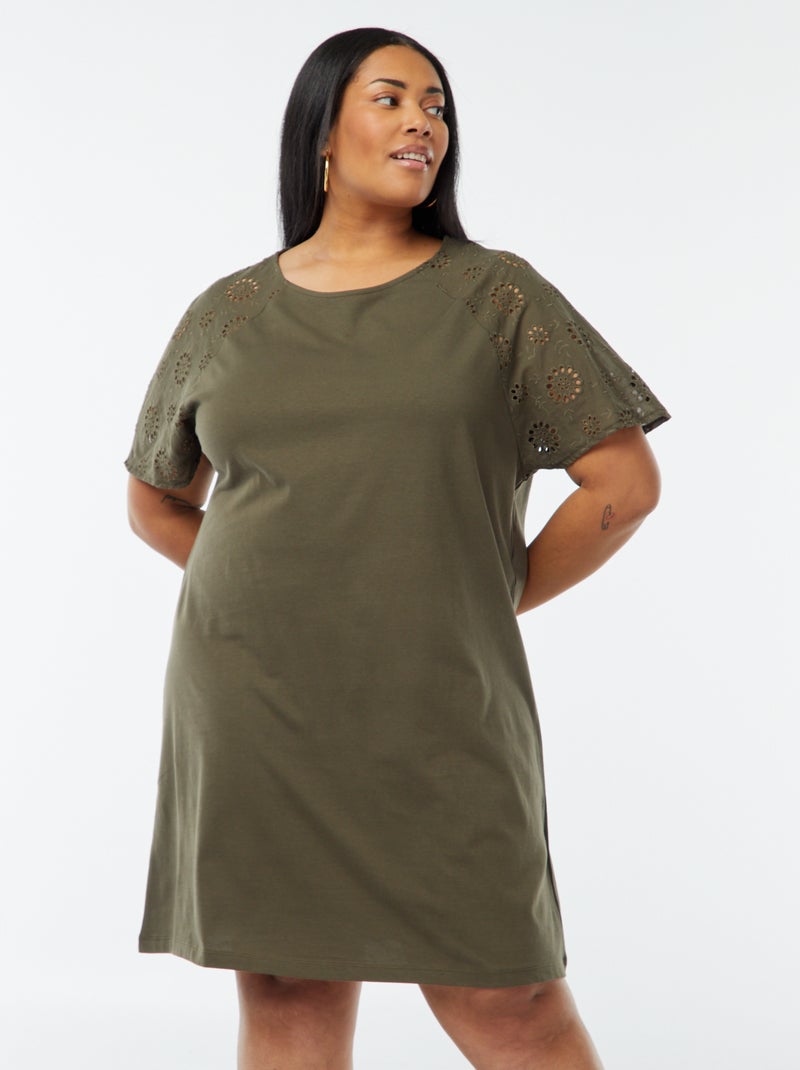 Vestido de algodón con bordados Kaki - Kiabi