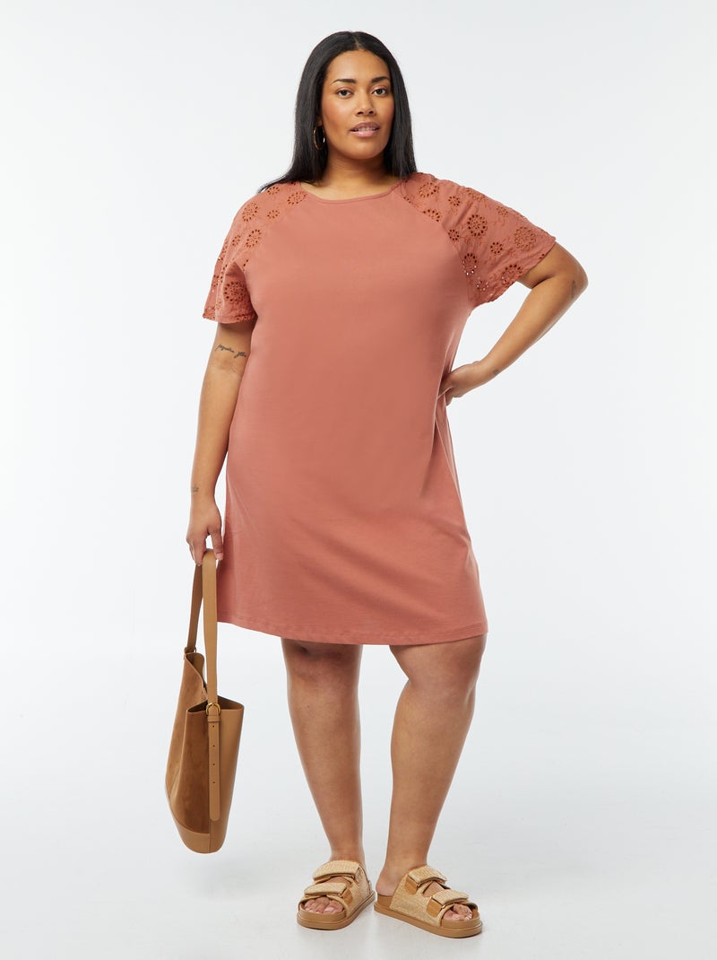 Vestido de algodón con bordados Rosa - Kiabi