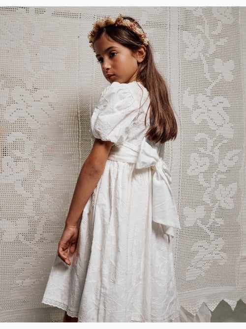 Vestido de algodón con mangas abullonadas y cinturón - Kiabi