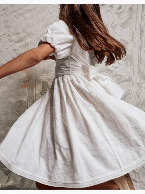 Vestido de algodón con mangas abullonadas y cinturón - Kiabi