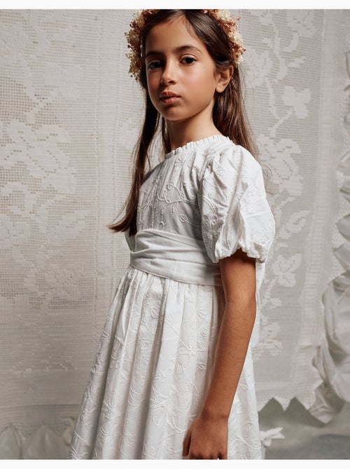 Vestido de algodón con mangas abullonadas y cinturón - Kiabi