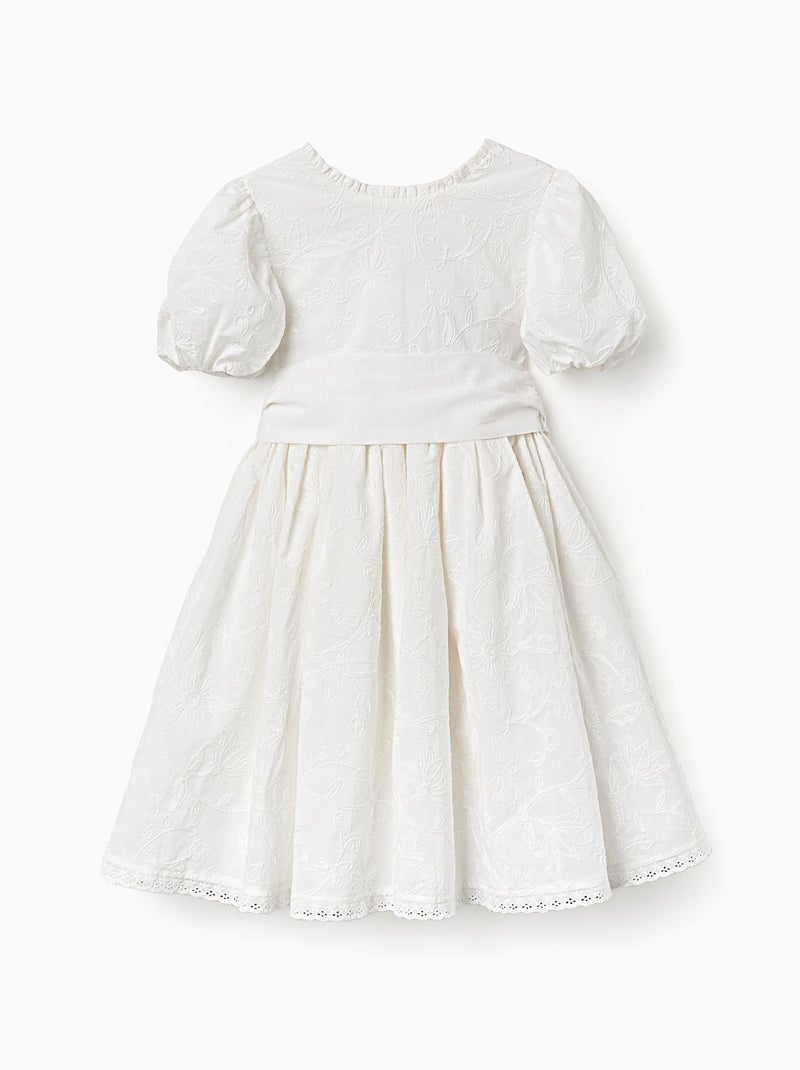 Vestido de algodón con mangas abullonadas y cinturón Blanco - Kiabi