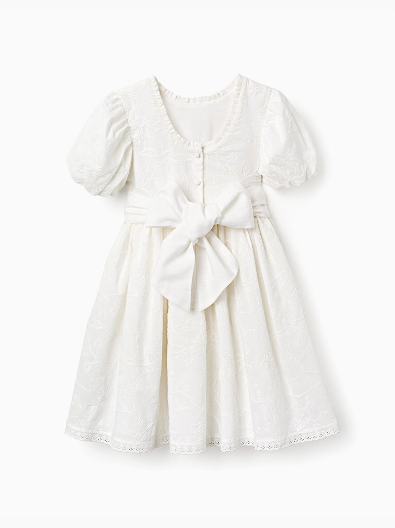 Vestido de algodón con mangas abullonadas y cinturón Blanco - Kiabi