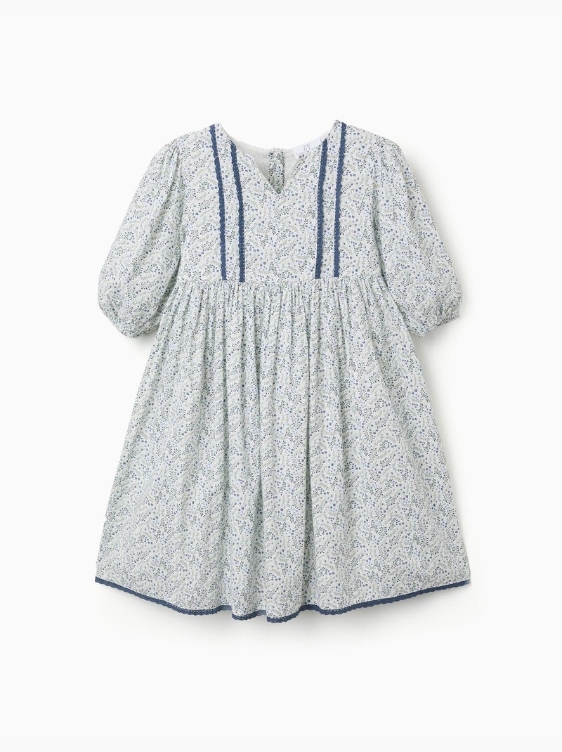 Vestido de algodón con mangas abullonadas y flores You&Me Beige claro - Kiabi