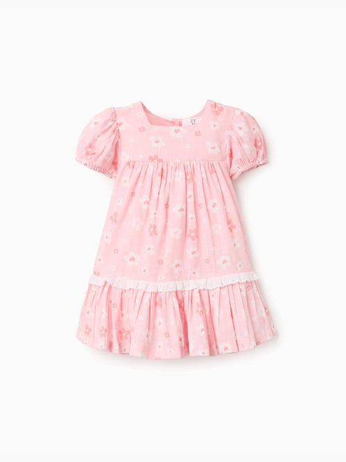 Vestido de algodón con motivo floral y mangas abullonadas - Kiabi