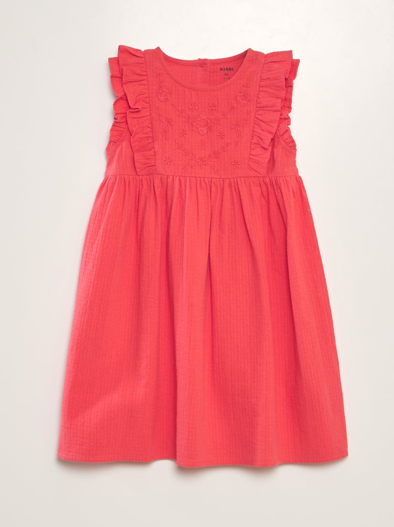 Vestido de algodón dobby con volantes y bordados ROSA - Kiabi
