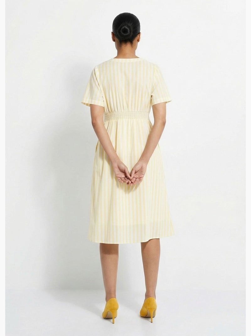 Vestido de algodón puro a rayas de cintura alta - AFIBEL Amarillo - Kiabi