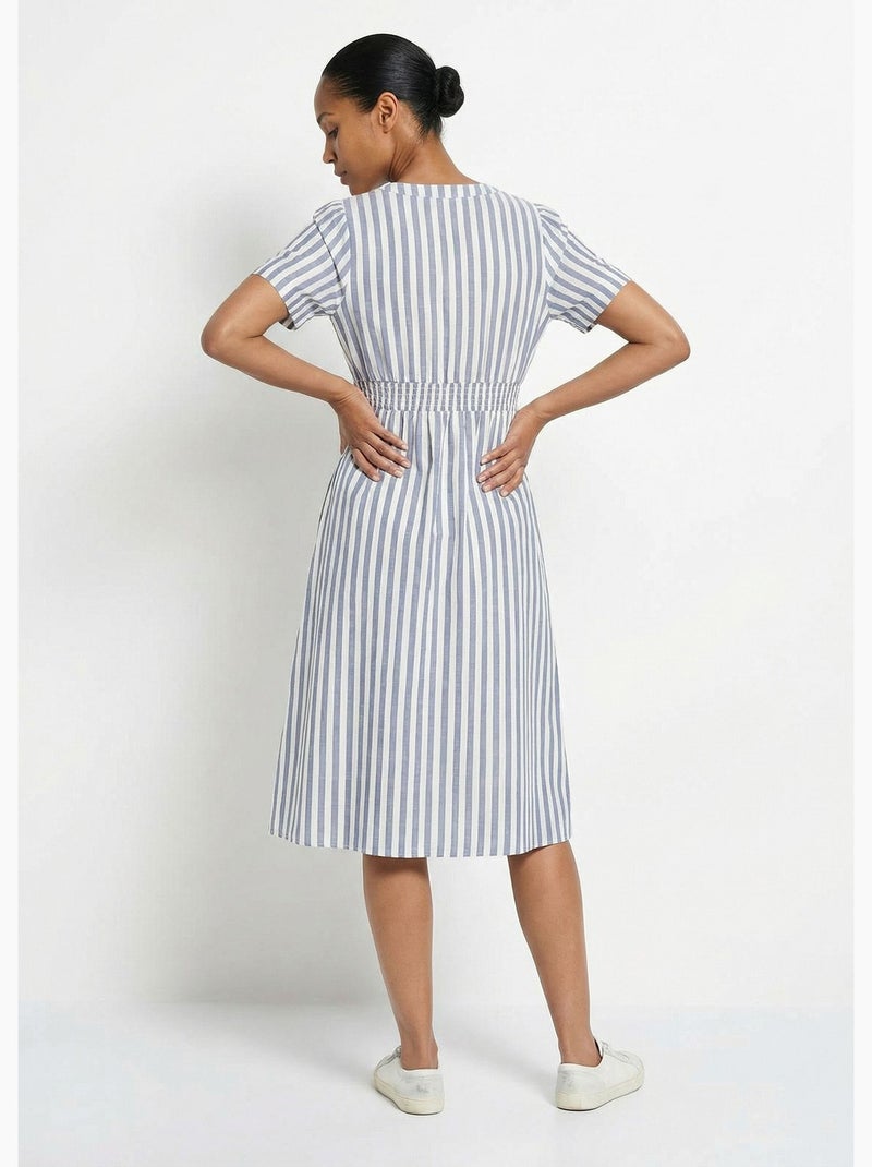 Vestido de algodón puro a rayas de cintura alta - AFIBEL Azul - Kiabi