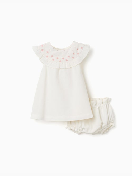 Vestido de algodón y lino con bordado - Kiabi