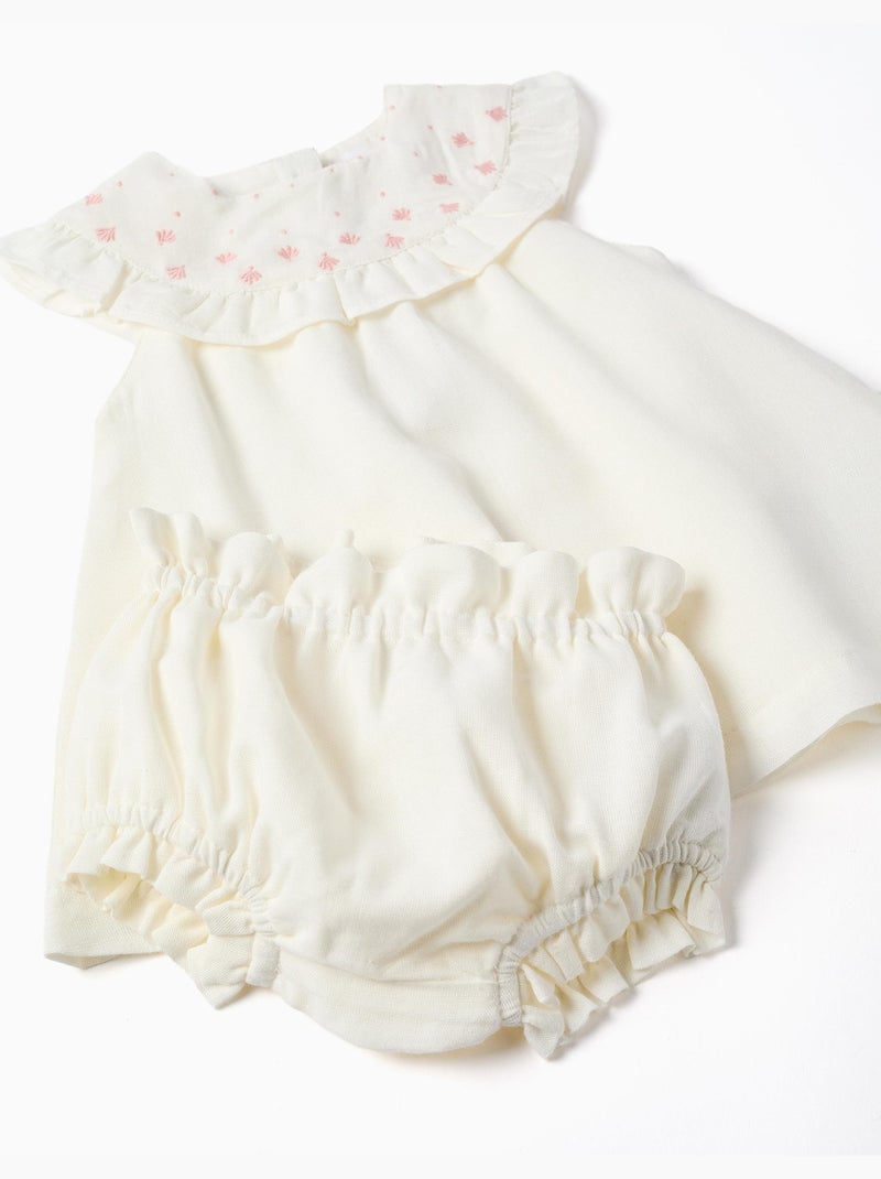 Vestido de algodón y lino con bordado Blanco - Kiabi