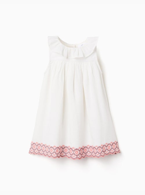 Vestido de algodón y lino con bordado inglés - Kiabi