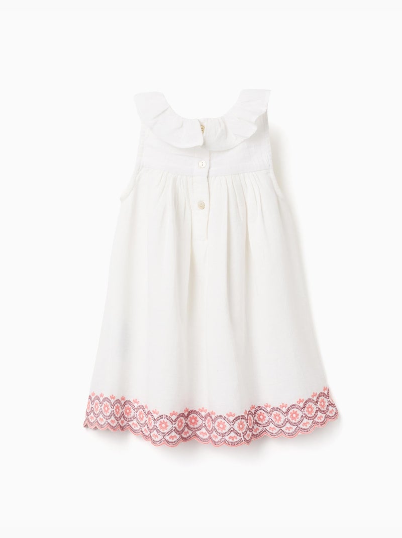 Vestido de algodón y lino con bordado inglés Beige claro - Kiabi