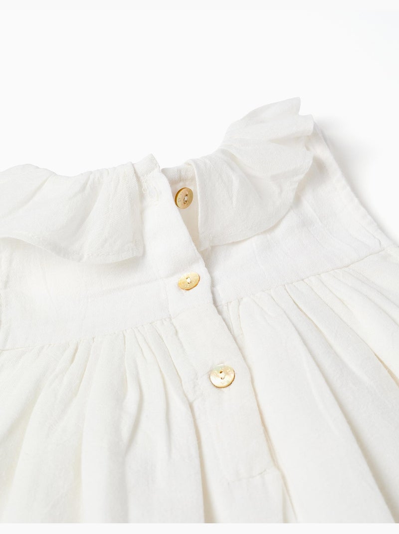 Vestido de algodón y lino con bordado inglés Beige claro - Kiabi