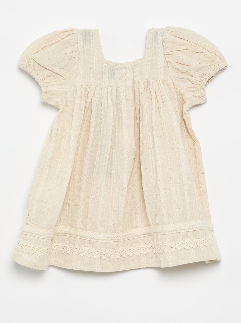 Vestido de algodón y lino con detalles de macramé Crudo - Kiabi