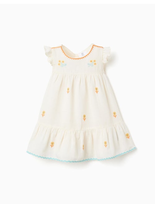 Vestido de algodón y lino con flores - Kiabi