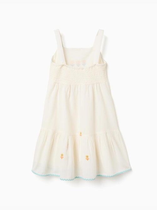 Vestido de algodón y lino con flores bordadas - Kiabi