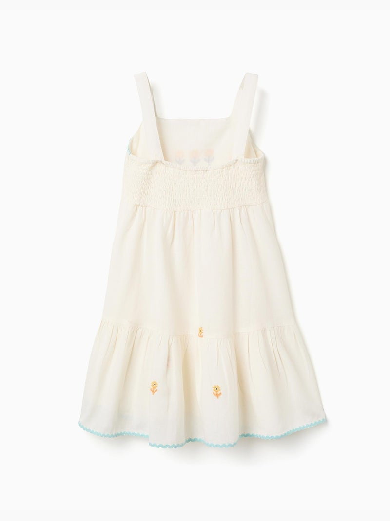 Vestido de algodón y lino con flores bordadas Beige claro - Kiabi