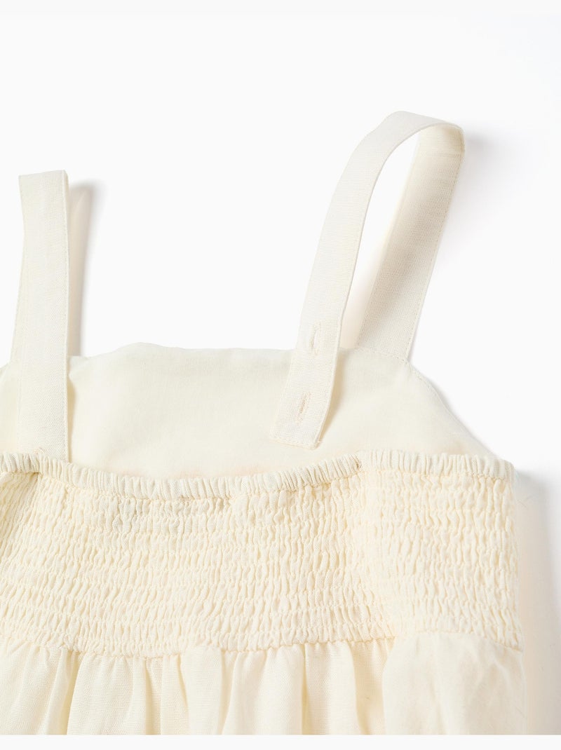 Vestido de algodón y lino con flores bordadas Beige claro - Kiabi