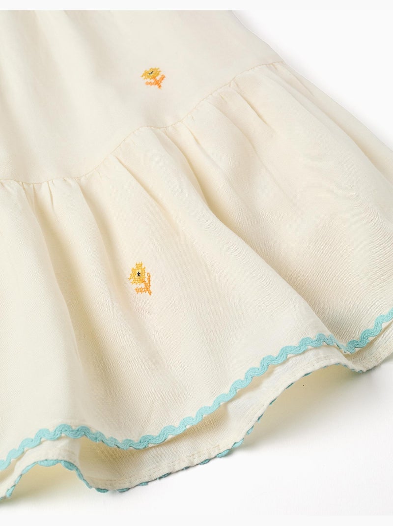 Vestido de algodón y lino con flores bordadas Beige claro - Kiabi