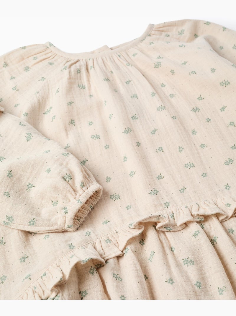 Vestido de bambula de algodón con motivo floral B&S Beige - Kiabi