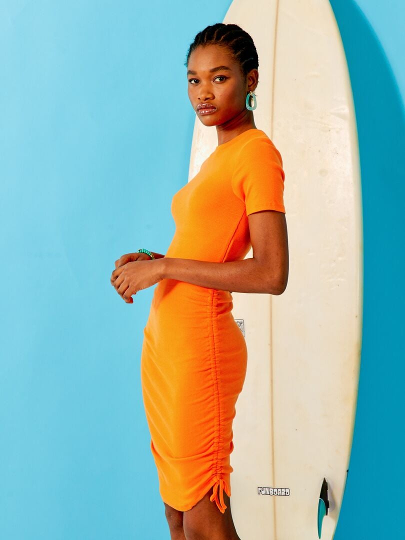 Vestido de canalé con cordón ajustable Naranja - Kiabi