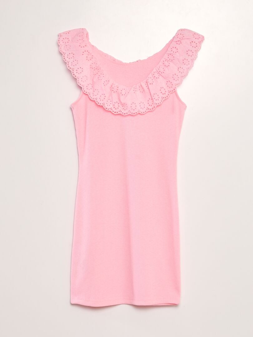 Vestido de canalé con cuello bordado amplio ROSA - Kiabi