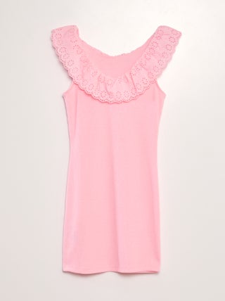 Vestido de canalé con cuello bordado amplio