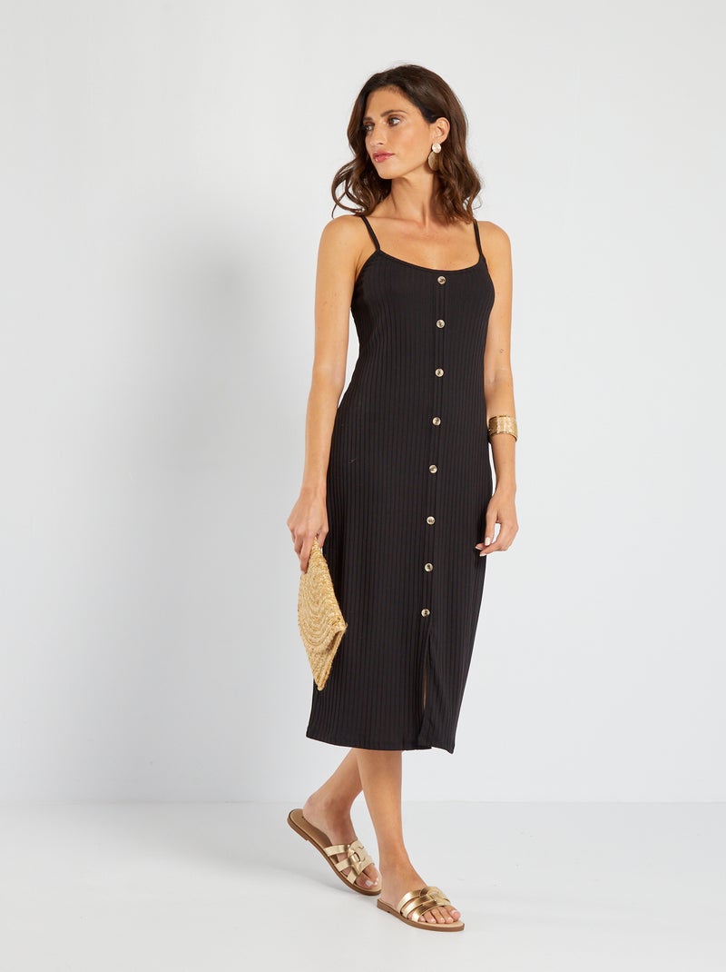 Vestido de canalé con tirantes finos Negro - Kiabi