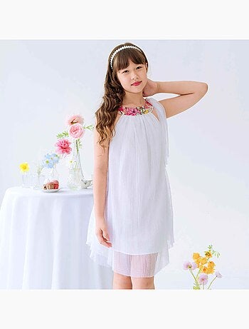 Vestido de ceremonia bohemio para niña | Blanco con flores rosas | ALIZEE