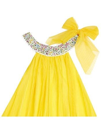 Vestido de ceremonia para niña | Tul amarillo, cuello floral Liberty lila | ALIZEE