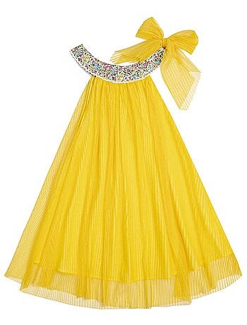 Vestido de ceremonia para niña | Tul amarillo, cuello floral Liberty lila | ALIZEE
