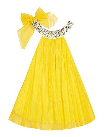 Vestido de ceremonia para niña | Tul amarillo, cuello floral Liberty lila | ALIZEE