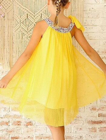 Vestido de ceremonia para niña | Tul amarillo, cuello floral Liberty lila | ALIZEE