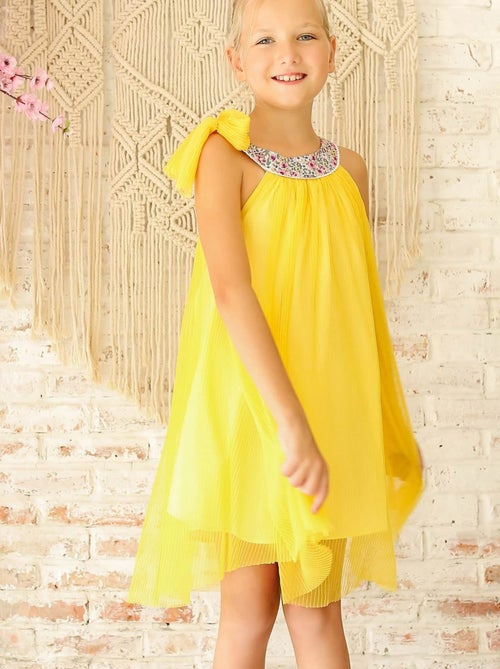 Vestido de ceremonia para niña | Tul amarillo, cuello floral Liberty lila | ALIZEE - Kiabi